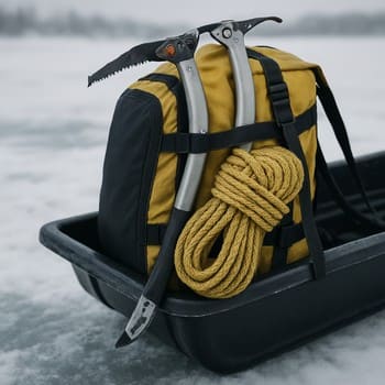 Small safety bag clipped to the outside of a sled under cold blue light