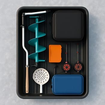 Top view of an organised sled with shelter, heater and tackle in separate zones