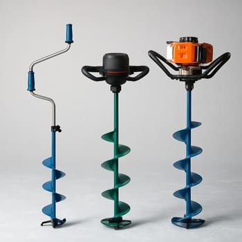 Three different ice augers standing on the ice under blue sky