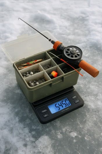 Bundle of ice fishing gear resting on a small scale on a workbench