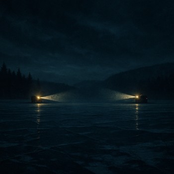 Headlamp beam used as a short signal across dark lake ice