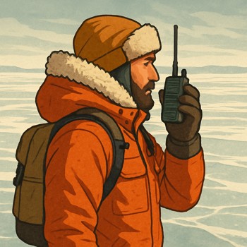 Angler using a small radio on open night ice near a shelter