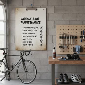 Workbench with gear, a pen and a short pre-trip checklist card