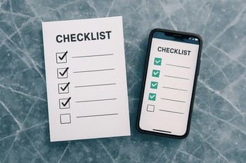Phone and paper checklist side by side on a wooden table