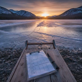 Shoreline at dusk with a single lane marked out onto the ice