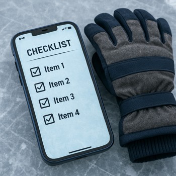 Gloved hand holding a phone with a short night ice checklist on screen