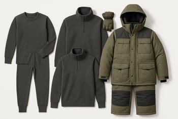 Thermal layers, mid layer and shell jacket laid out in a neat grid