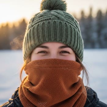 Warm hat and neck gaiter ready on a small bench beside ice gear