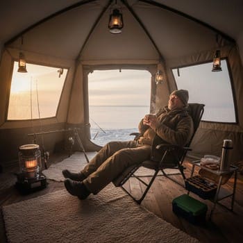 Anglers sitting inside a shelter checking how everyone feels