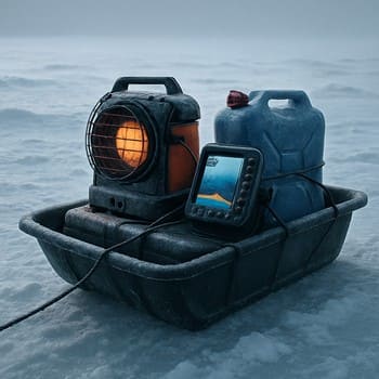 Heavy sled loaded with heater, fuel and sonar strapped for a deep cold outing
