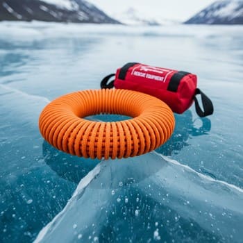 Coiled throw rope with a clip resting on top of a sled edge