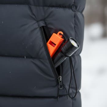 Whistle and a tiny headlamp ready to go into a hip pocket