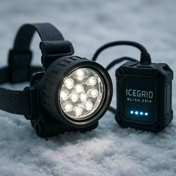 Headlamp and spare battery pack resting on the dark ice beside a drilled hole