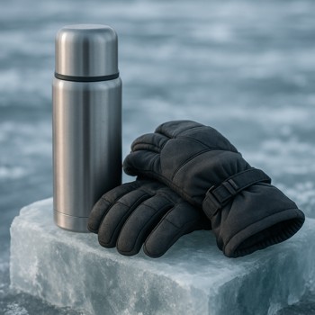 Thermos and gloves on a low sled bench lit by warm shelter light