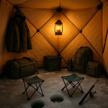 Family-sized shelter interior with tidy gear and two small chairs on the ice