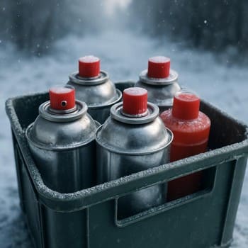 Gas cylinders strapped upright inside a sturdy crate