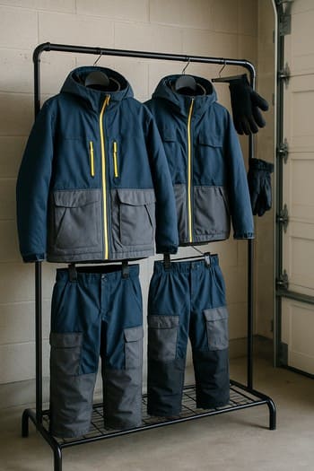 Ice fishing clothing and boots hanging on a drying rack in a garage