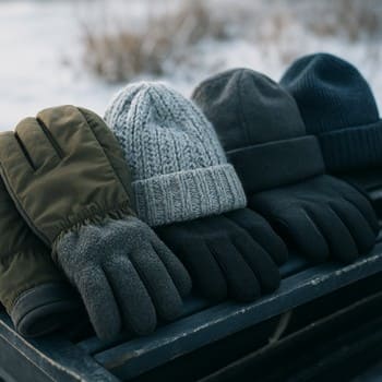 Warm gloves and hats lined up on a wooden bench before packing