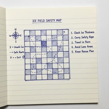 Notebook with a simple ice grid map and safety notes drawn in blue ink