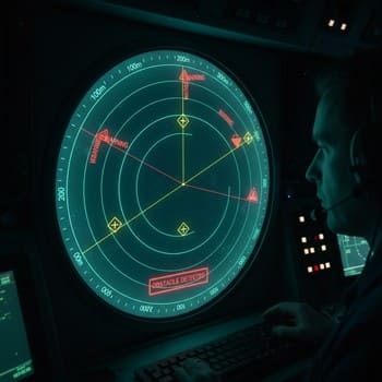 Sonar screen glowing in the dark with depth and warning markers