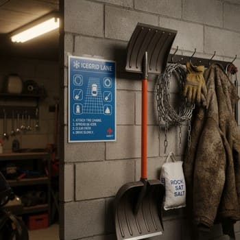 Single lane safety card pinned to a garage wall above ice gear