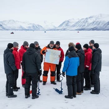Small group standing on the ice listening to a lead angler
