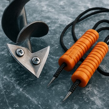 Blue ice auger and orange safety picks resting on drilled night ice