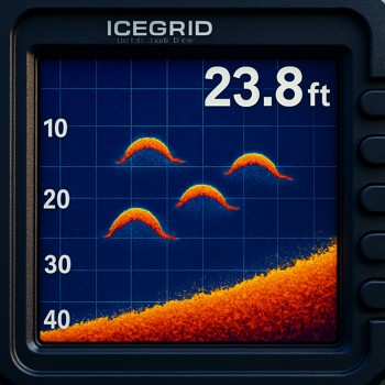 Portable ice fishing sonar showing bright cyan arches and depth grid lines
