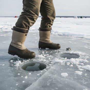 Angler counting steps between ice holes to keep spacing even