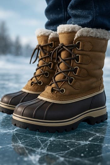 Pair of insulated boots standing on the ice beside a sled