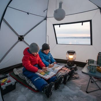Two kids sitting inside a warm ice shelter reading under soft light