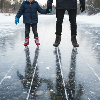 Child holding an adult's hand while walking along a safe ice lane