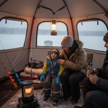 Adult checking a child's jacket and mittens before stepping on the ice