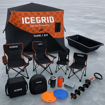 Wide sled with family-sized shelter, buckets and packed heater on dark night ice
