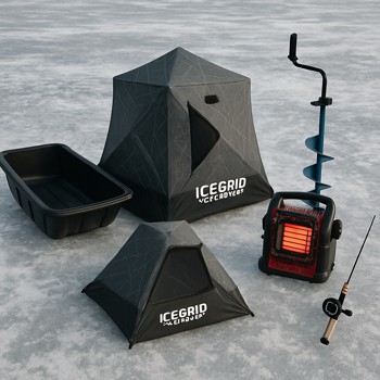 Compact ice fishing sled with small shelter and auger strapped for a solo night outing