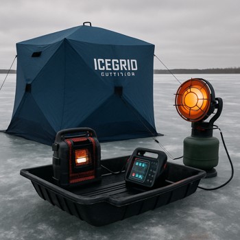 Loaded ice fishing sled on dark blue ice with extra heater and sonar packed along a glowing track