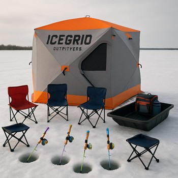 Family-sized ice shelter with sled and buckets arranged on a softly lit grid on the ice