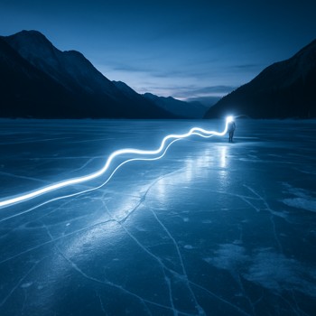 Curved line of light on black ice from a headlamp marking a safe path