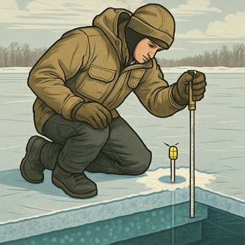 Angler measuring drilled ice thickness with a gauge on a dark night grid