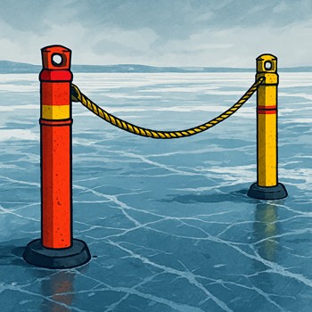 Safety rope and small posts staged on dark ice beside a drilled lane