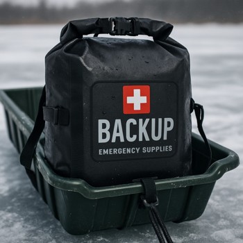 Dry bag strapped at the back of an ice sled under cool blue light