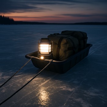 Small lantern and fuel can staged on the left side of a night sled