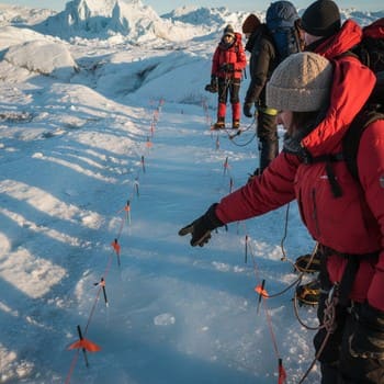 Leader pointing along a safe lane across the frozen lake