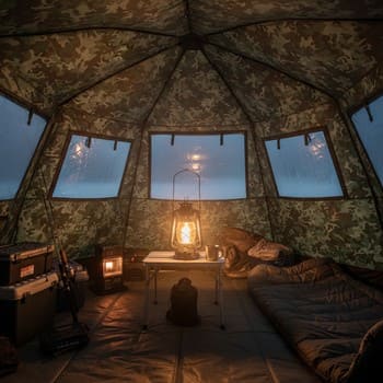 Soft lantern hanging inside a small ice shelter