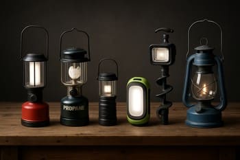 Row of compact lanterns charging on a workbench before a trip