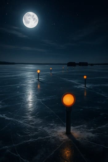 Reflective markers lined up on the ice to mark a safe route