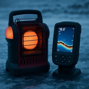 Heater and sonar unit standing side by side on the ice in cool blue light