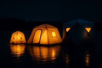 Three ice shelters of different sizes lined up on a dark lake