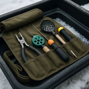 Roll of neatly organised ice fishing tools and pliers on a sled bench