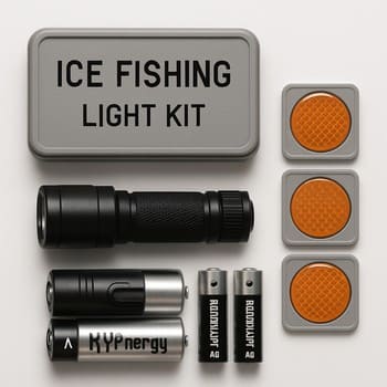 Small roll-up pouch with headlamp and batteries on a sled bench